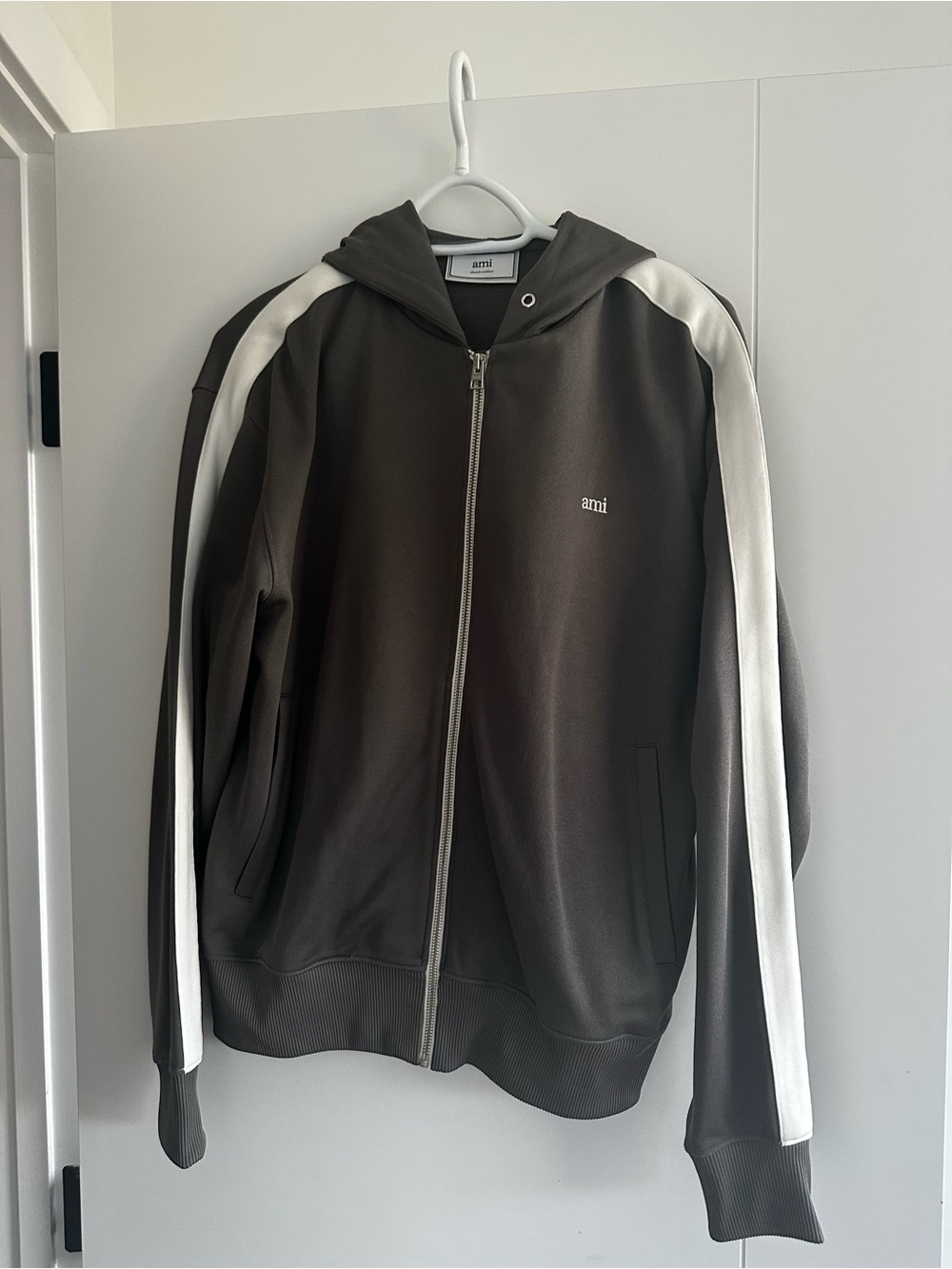 Ami Men's Brown Zip-Up Hoodie with White Shoulder Stripes